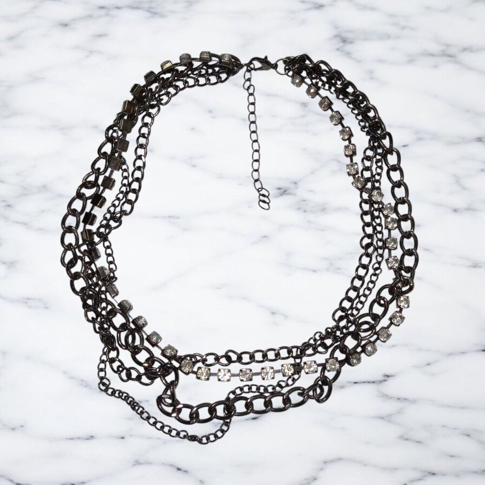 Vintage Victorian Layered Gunmetal Chain Necklace Clear Rhinestones Multi-strand